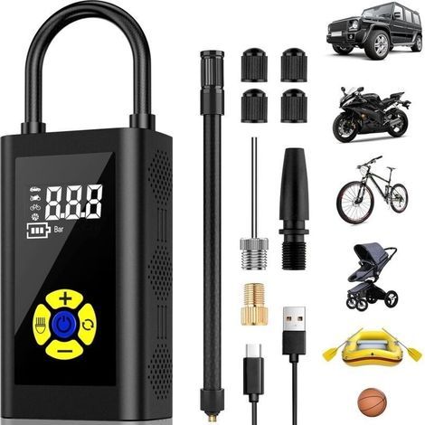 Compresor de aire portátil, versión para inflar neumáticos de coche, bomba para bicicleta, mini compresor para coche con pantalla LCD digital, 150 PSI, carga tipo C, batería de 2000 mAh con luz LED. (1/5)
