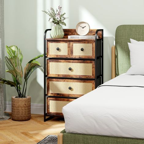 Cassettiera da camera da letto con 5 cassetti con frontali in rattan e struttura in acciaio, 58x29x99 cm, marrone rustico. (1/5)