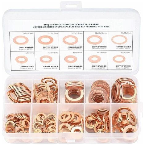 Paquete de Arandelas Metálicas de Cobre - Juntas Anillos de Sellado - Arandelas Planas con Caja - Surtido 200 Piezas para Sellado - Tamaños M5 M6 M8 M10 M12 M14. (1/5)