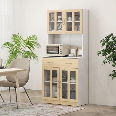 Meuble de cuisine avec 4 portes vitrées, plan de travail ouvert, tiroir, étagères réglables, 80 x 40 x 180 cm, blanc et naturel