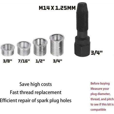 5pcs Kit de réparation pour Filetage de Bougies d'allumage M14 x 1,25, Kit de refiletage de Culasse, Rethreading Bougie, Outil de réparation de Filetage de Cylindre d'alésoir de 14 mm (1/4)