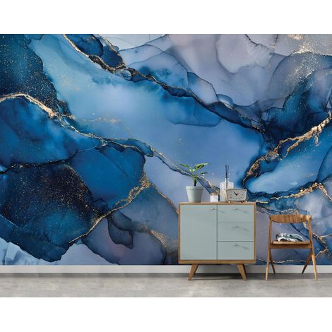 Fototapete Marmor Blau Abstrakt, für Wohnzimmer und Schlafzimmer, 300 x 210 cm – Komplettset inkl. Kleister & Anleitung (1/5)