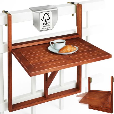 Deuba – Table de balcon rabattable en bois d'acacia certifié FSC 65x45x87cm – Fixation robuste sur balustrade – Idéale pour petits espaces extérieurs