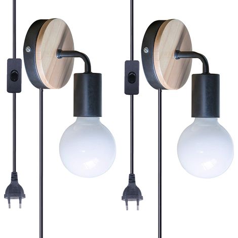2x Applique murale design rétro industriel avec interrupteur 1.8M corde, Lampe de mural en bois et métal douille E27 éclairage salon chambre,Noir (1/5)
