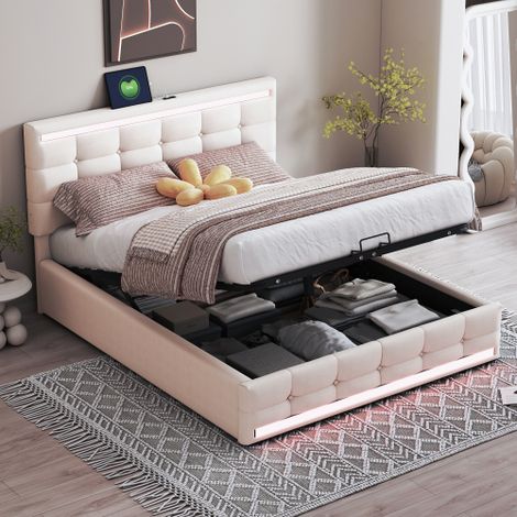 Letto contenitore 140x200 cm, letto matrimoniale per adulti con contenitore, presa USB e testiera regolabile, tessuto di lino, beige, senza materasso (1/5)