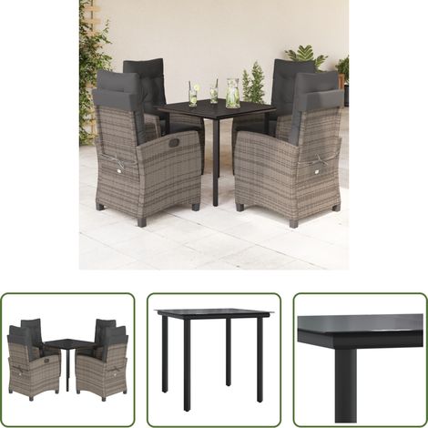 Gartentisch -  5-tlg. Garten-Essgruppe mit Kissen Grau Poly Rattan (1/5)
