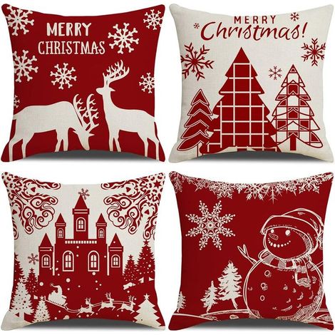Housse de Coussin Noel 45x45cm, Lot de 4 Noël Décoratif Canapé en Coton et Lin Noël pour Canapé Lit Chambre Chaise Jardin-Décoration Noël Rouge (1/5)