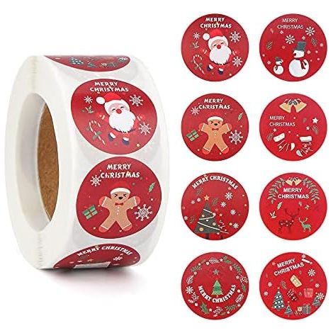 CSPARKV Christmas Stickers 500pcs, 1 Inch Christmas Stickers 8 Designs Round Labels, Christmas Stickers for Envelope Bag Christmas Craft Decorations Party Supplies