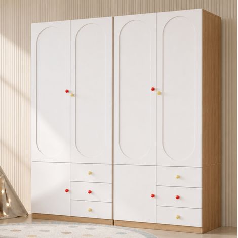 MODFU – Lot 2 armoires 80x50x200 cm MDF – 2 portes, 3 tiroirs et penderie – Charge 20/15 kg et anti-basculement – Chambre – Blanc (1/5)