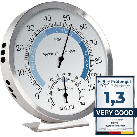 Igrometro analogico e termometro per interni 2 in 1 in acciaio inox Igrometro analogico e termometro analogico  Misuratore di umidità per interni per un clima interno sano  Ø 12,5 cm