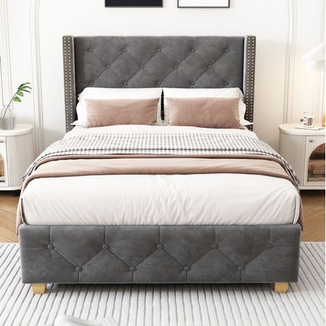 Cama Tapizada 90x200 Cm Somier Lamas Cabecero Capitoné Terciopelo Gris (1/5)
