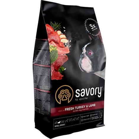 Alimento seco sabroso para perros adultos de raza pequeña, sabor pavo y cordero, 1 kg. (1/4)