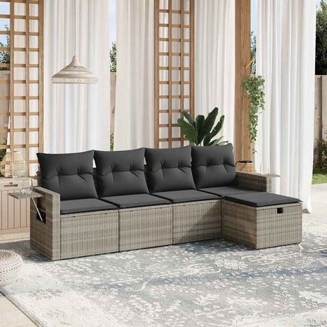 vidaXL 5-tlg. Garten-Sofagarnitur mit Kissen Hellgrau Poly Rattan (1/4)