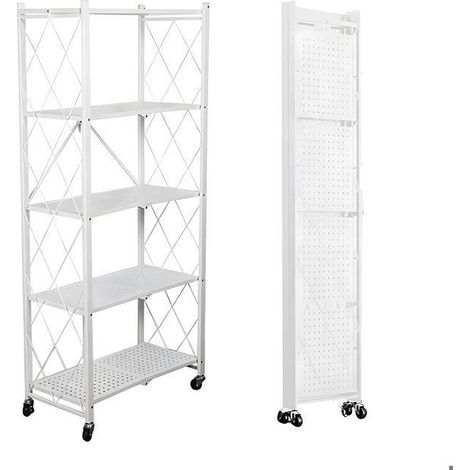 SEVEN COMFORT Faltbares Regal mit 5 Etagen aus Metall mit Rollen - 100 kg - Für Küche, Badezimmer, Wohnzimmer, Weiß