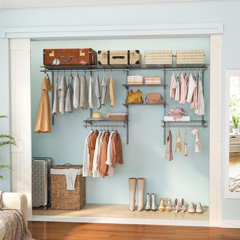 GOPLUS Lot de Penderie Murale de 122-244 cm, Porte Vêtements Dressing DIY avec Étagères Ouvertes, Barres de Suspension et Ajustement Intelligent, Armoire Ouverte pour Entrée, Couloir, Dressing (Gris) (1/5)