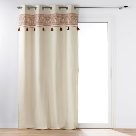 Douceur D'Intérieur – Rideau occultant 140 x 240 cm – Polycoton uni avec pompons terracotta – Œillets métalliques renforcés pour pose facile (1/3)