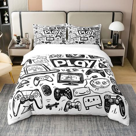 Housse de couette 100 % coton - 155 x 220 cm - Pour garçons et filles - Motif graffiti - Décoration de chambre à coucher - Noir et blanc (1/5)