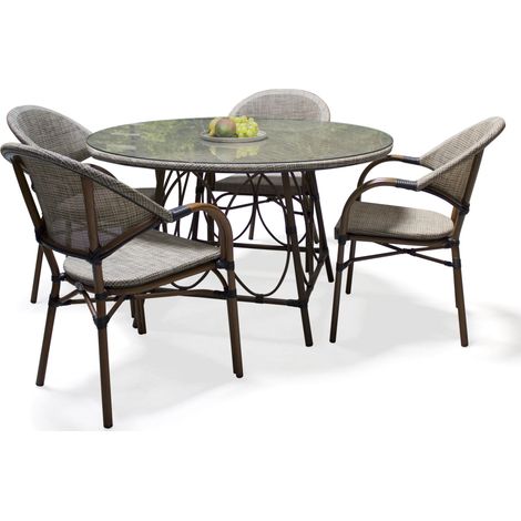 Dcb Garden – Ensemble repas de jardin 4 places en aluminium – Table ronde et 4 fauteuils empilables – Design naturel et authentique