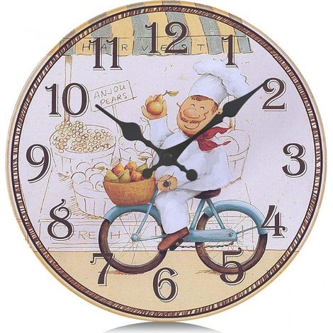Horloge Murale Cuisine Bois Jaune Silencieuse 30cm Pendule Murale Quartz Rustique avec Le Modèle de Chef pour Salle a Manger (1/5)