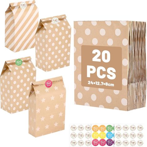 Sac en Papier Kraft pour Bonbons, 20 Pièces avec 36 Autocollants, 24×13×8cm (1/5)