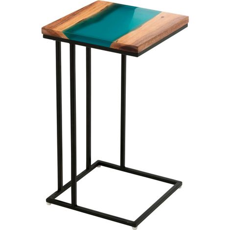 Table d'appoint carrée 31x56 cm en résine bleu et acacia - REZIN