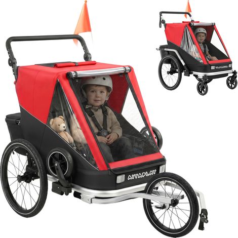 Fahrradanhänger für Kinder, 2-Sitzer, 2-in-1 faltbarer Kinderfahrradanhänger mit verstellbarem Sitz und Gurten, Rot (1/5)