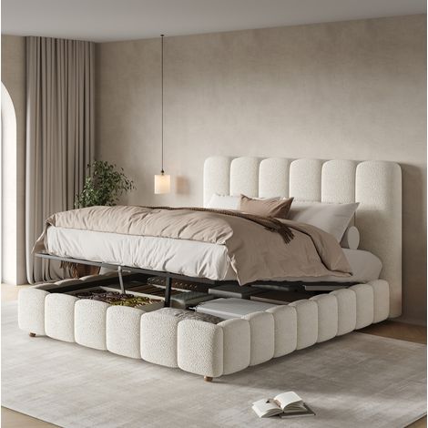 Cama tapizada 140 x 190 cm con almacenaje hidráulico, somier y tapizado bouclé blanco (1/5)
