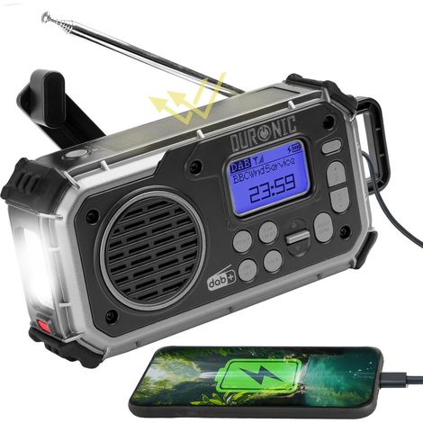 Radio Portable Dab+ avec Batterie ou 3 Piles AAA Recharge Solaire Manivelle Dynamo Radio Numérique Lampe Torche Alarme SOS Camping Randonnée Extérieur Urgences (1/5)