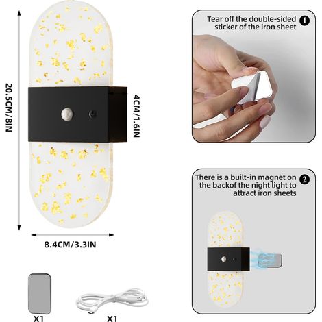 Lampadaire mural LED rechargeable, détection humaine, design ovale noir moderne, éclairage intérieur
