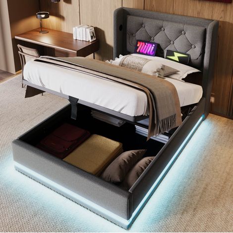 Letto imbottito 90x200 cm grigio in cotone, con rete a doghe, contenitore idraulico, testiera USB/Type-C e LED (1/5)