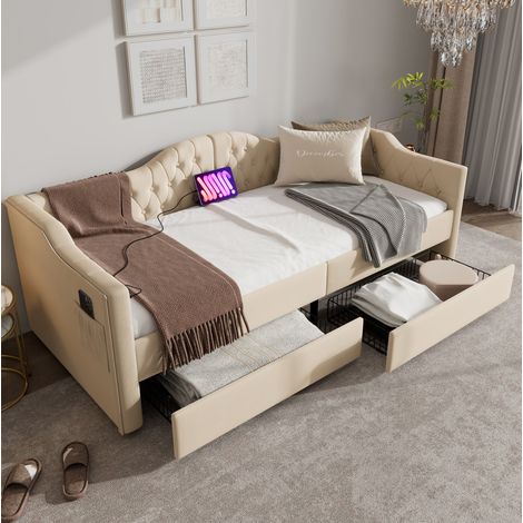 Cama diván tapizada beige 90x200 cm en terciopelo, con cabecero acolchado, USB/Type-C y 2 cajones (1/5)