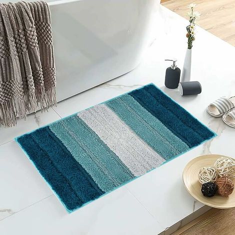 Bath Mat, Non-Slip Bath Mat 50x80cm, Bath Mat, Machine Washable, Doormat, Stylish Striped, Deep Pile, Dust Mat with Rubber Bottom, Indoor and Outdoor Bathroom Door Mat, Blue (1/5)