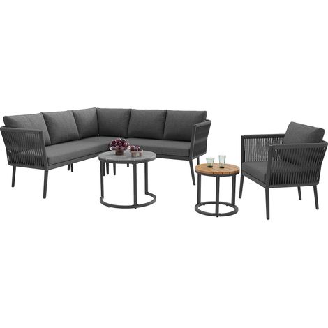 Set de lounge modulaire pour 5-6 personnes – 6 pièces : canapé d’angle + fauteuil + table basse, tissage vertical résistant, coussins 8 cm à mousse haute résilience, pieds réglables – Idéal pour jardi