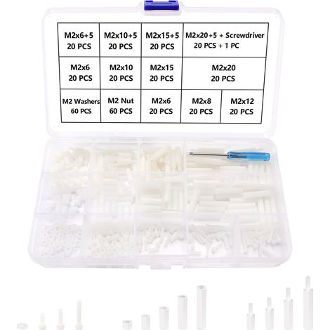 340 Pièces M2 Mâle Femelle Nylon Hex Entretoise Vis Écrou Pilier Fileté Standoff Assortiment Kit, avec Tournevis, pour Cartes de Circuit Imprimé, Blanc (1/5)