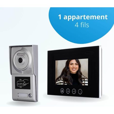 Portier interphone vidéo CLASSIC 4 Fils - 1 appartement - 1 écran noir 7" - avec mémoire photos - avec lecteur de badge