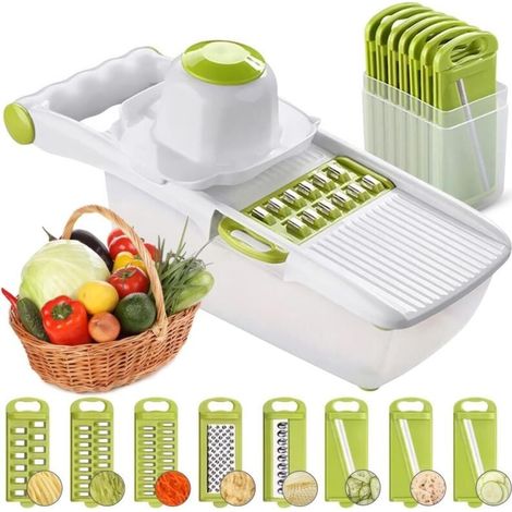 Mandoline tout-en-un, coupe-fruits et légumes, trancheuse à légumes multifonctionnelle, trancheuse interchangeable en acier inoxydable avec récipient alimentaire, protège-main, trancheuse à julienne p (1/4)