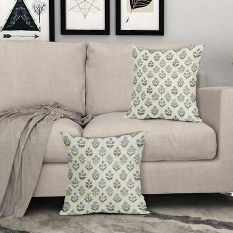 Housses de coussin block print bleu vert, lot de 2 en 45x45 cm, style floral vintage bohème, pour canapé ou lit (1/4)
