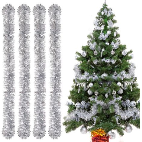 Lot de 4 guirlandes tinsel métalliques scintillantes 3 m, décoration argentée pour sapin, murs, fenêtres, mariage, anniversaire et fête (1/5)