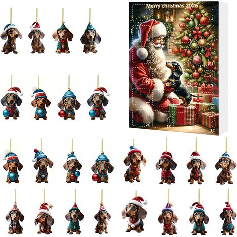 Calendrier de l'Avent 24 jours – Décorations festives en forme de teckel – Ornements en acrylique 2D (1/5)