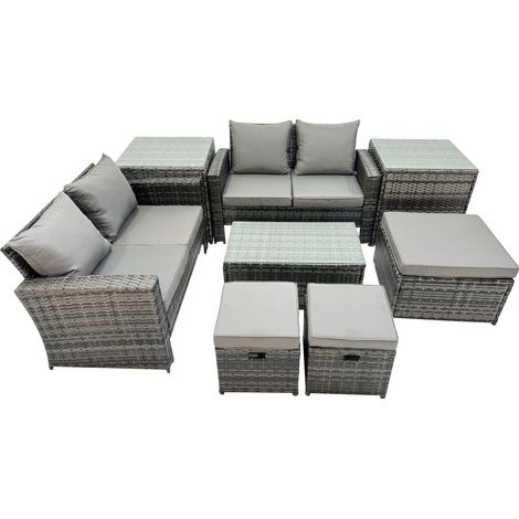 Fimous PE Rattan Garden Furniture Set Lounge Double Seat Sofa Coffee Table Set with 2 Side Tables 3 Stools Dark Grey MixedMixed (1/5)