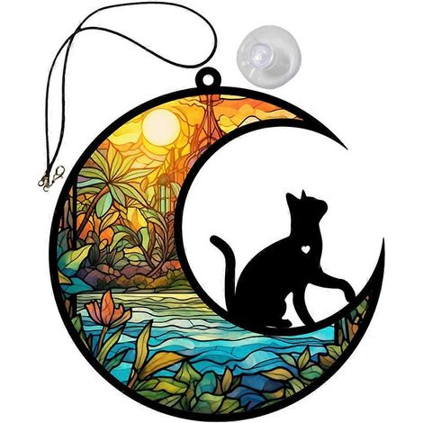 Ornement suspendu de fenêtre en forme de lune en forme de chat, pendentif acrylique, décoration pour la maison et le jardin-12.70X12.00X0.20CM (1/4)