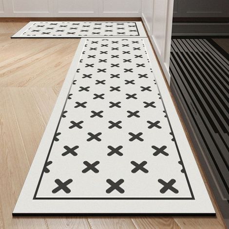 Géométrique noir et blanc - 2 pièces de 40 x 60 cm en terre de diatomées Tapis de cuisine, tapis de sol absorbant en terre de diatomées, facile à nettoyer, tapis rectangulaire antidérapant pour usage (1/5)
