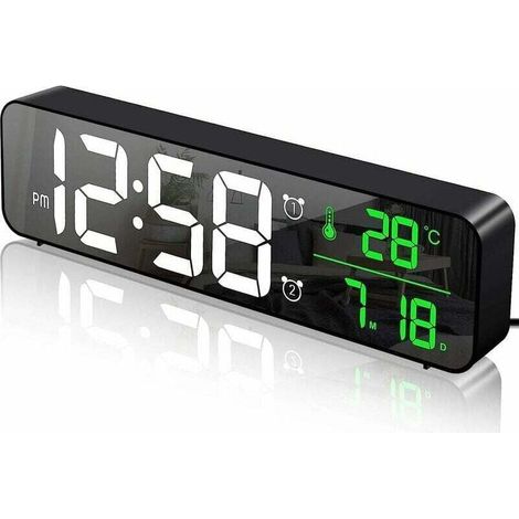 GABRIELLE Réveil Numérique, Horloge Murale Réveil Matin Led Digital Miroir Grand Ecran Avec Température Date, 2 Alarme, 40 Musique, 6 Luminosité Variable, Usb Clock Pour Maison Bureau, Noir (1/4)