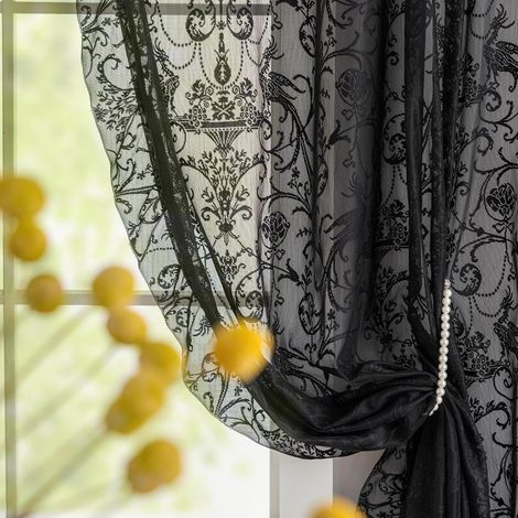 CCYKXA Set mit 2 schwarzen, gerüschten Spitzengardinen, 160 cm lang – Transparente Fenstergardinen mit Retro-Gothic-Blumenmuster für (1/5)