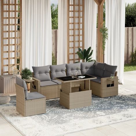 Set sofás de jardín 7 piezas y cojines ratán sintético beige vidaXL (1/5)