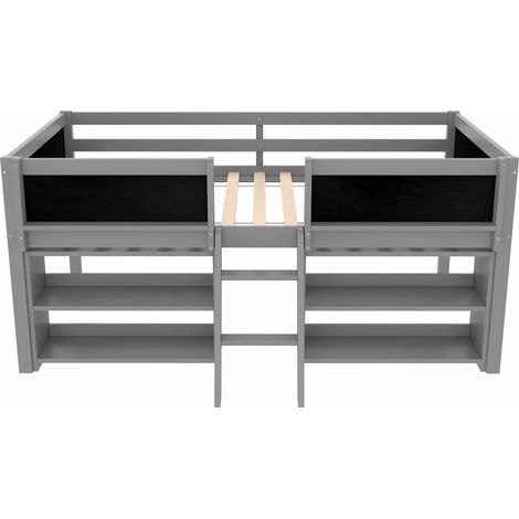 Lit mezzanine enfant 90 x 200 cm avec rangements, échelle, garde-corps, pin et MDF gris (1/5)