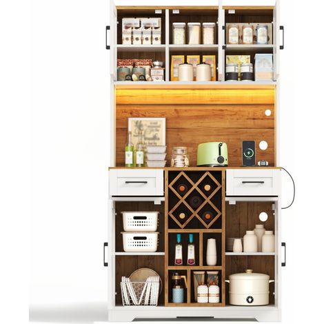 Armoire de cuisine haute meuble de rangement avec led et prises intégrées, buffet avec porte bouteille, naturel et blanc, 105x40x180 cm (1/5)