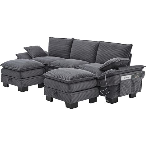 CHICFURN Divano modulare 3 posti 260x132x84 cm velluto a coste grigio scuro con 2 pouf USB-C (1/5)