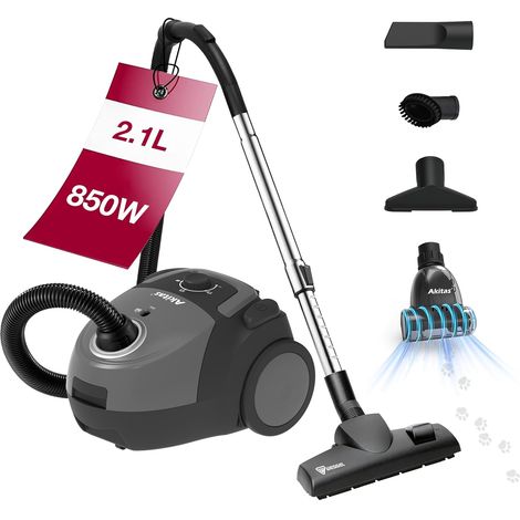 Aspirateur avec Sac 850W 2.1L, Brosse Turbo Anti-Poils Brosse turbo anti-poils, 9m portée, filtre HEPA, aspiration réglable, sols/moquettes, compact, léger (1/5)