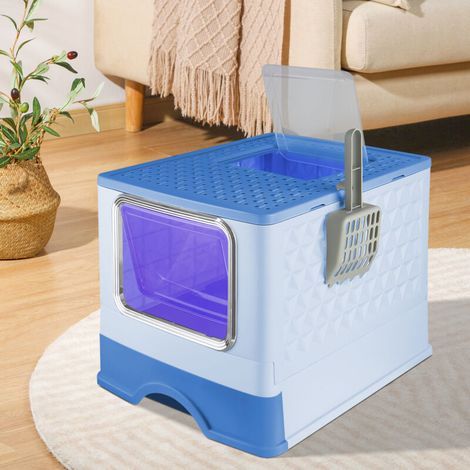 Litière pliable pour chat avec lumière UV, entrée par le haut, anti-éclaboussures, bac à litière fermé en plastique avec pelle à litière pratique, bleu